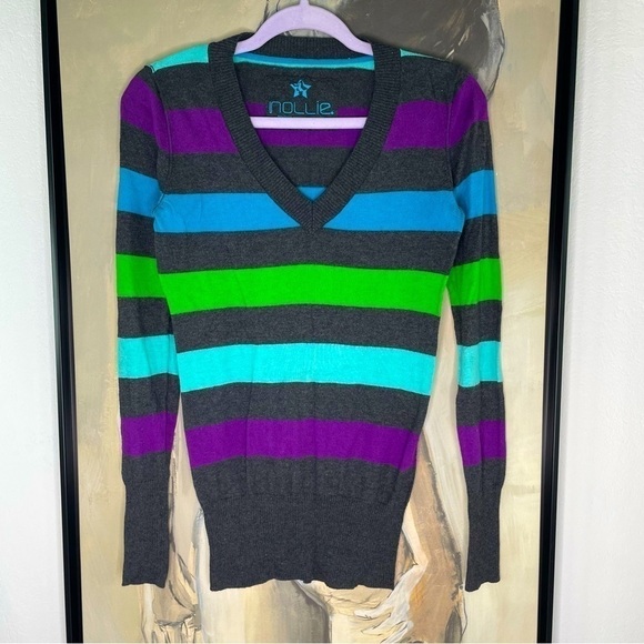 NOLLIE Striped Thin V Neck Skater Sweater - Picture 1 of 4